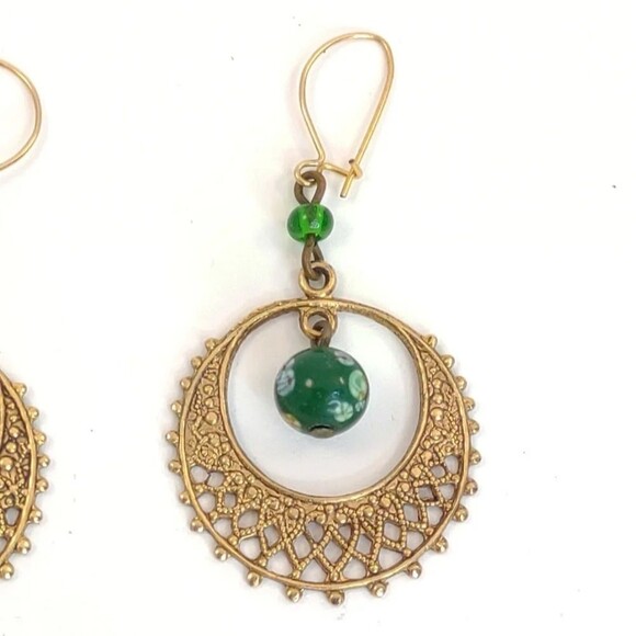 Gatsby 1920's Earrings Filigree Crescent Hoop Earrings with Bead Drops Gold - Picture 4 of 9